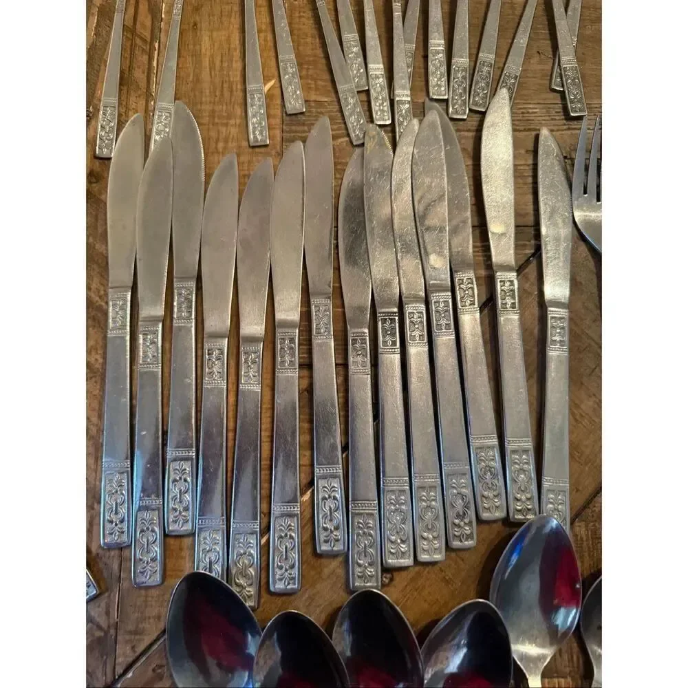 Vintage Custom Craft Stainless Steel Flatware 52PCs Fleur De Lis Mid Century MCM